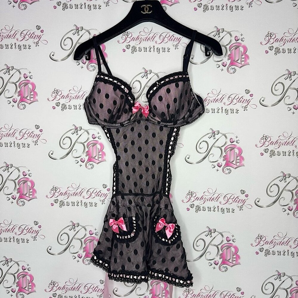 Victoria secret apron sexy little things polka dotted black pink ribbon bows y2k
